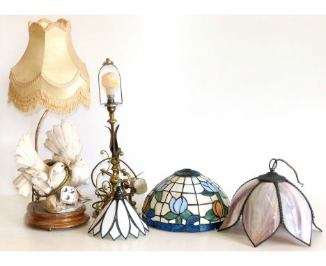 Pair of white doves lamp base, brass Victorian lamp base and three shades. Condition reports are not available for this sale.
