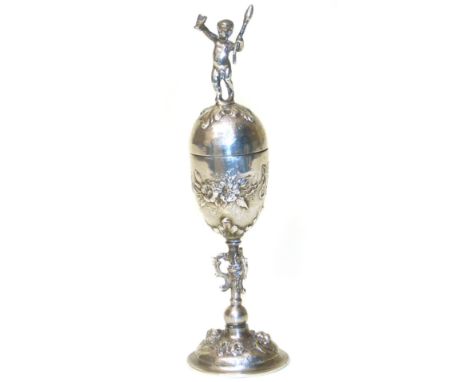 German silver miniature cup and cover, cherub finial, 12cm high. Condition reports are not available for this sale.