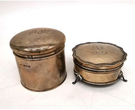 An Edwardian silver lidded pot and a three footed silver scalloped edge ring box. Various makers. (Lead lined ring box) H.8cm