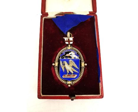 A leather fitted cased white metal (tests as silver) and enamel Master of Scriveners guild medal. 'Herbert Lambert and Co cer