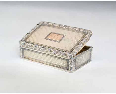 A George IV Regency silver snuff box, of rectangular form, the border with cast and applied oak leaf decoration, the body wit