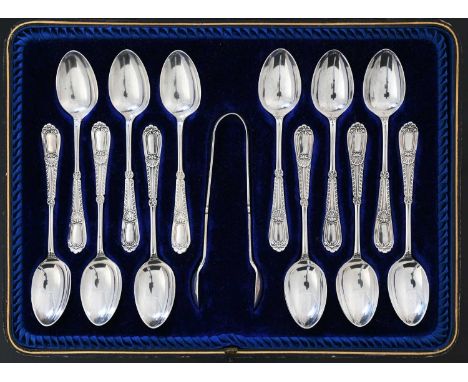 A George V silver cased set of twelve teaspoons, and single pair of sugar tongs, Harrison Brothers & Howson (George Howson), 