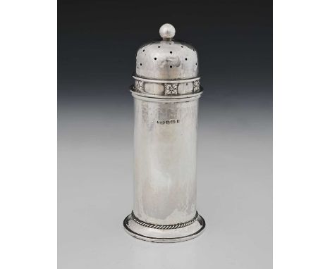 A. E. Jones.A George V Arts and Crafts silver caster, of cylindrical form, the spot-hammered body decorated with rope-twist b