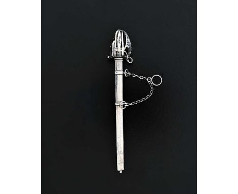 A Victorian silver novelty letter opener or paper knife, modelled in the form of a basket hilt sword, with scabbard, all comp