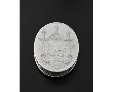 An early eighteenth-century Queen Anne English provincial silver tobacco box, of oval form, with moulded border enclosing con