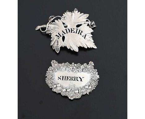 A George IV silver die-stamped vine leaf form wine label or bottle ticket, pierced for 'MADEIRA', Charles Rawlings &amp; Will