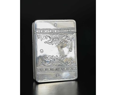 A George II silver snuff box, of rectangular form, the hinged cover decorated with Rococo style foliate scrolls, with moulded