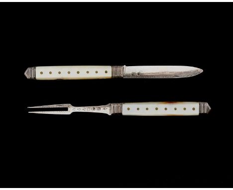 A nineteenth-century English cased travelling cutlery set, comprising a folding two-pronged fork and knife, each with mother 