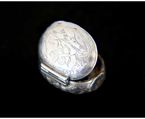 A late seventeenth-century English silver squeeze box, for spices or comfits, of oval form, the cover decorated with a putti 