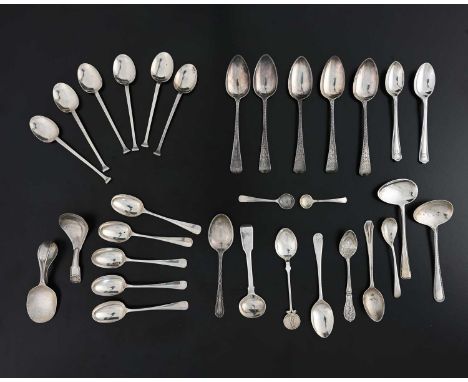 A quantity of hallmarked silver, to include a set of five George III bright-cut teaspoons, hallmarked London 1811, together w