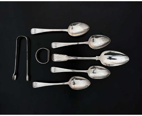 A group of hallmarked silver, to include a George III fiddle and thread pattern tablespoon, with armorial crest of a leopard 