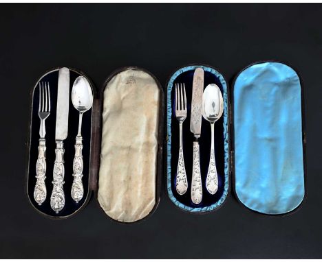 A Victorian cased hallmarked silver three-piece Christening cutlery set, comprising spoon, fork and knife, Martin &amp; Hall,
