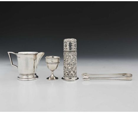 A group of English hallmarked silver items, to include a sugar caster, of cylindrical form, decorated in relief with flowerhe