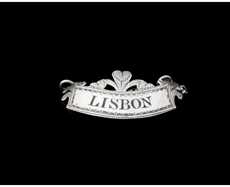 An eighteenth-century George III silver 'Prince of Wales feathers' wine label or bottle ticket, incised for 'LISBON', sponsor
