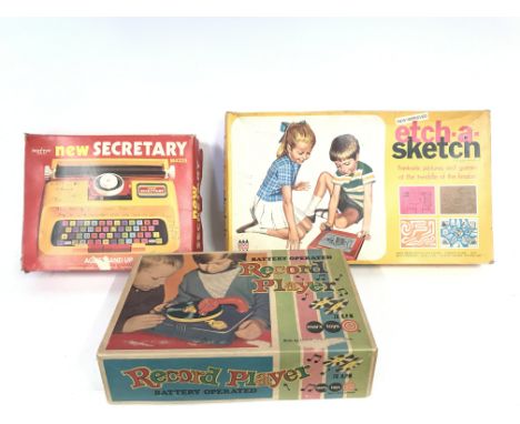 3 x vintage toys including battery operated record player - Denys Fisher etch-a-sketch and a new Secretary.