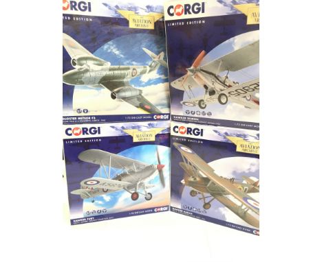 A Collection of 4 Boxed Corgi Aircraft including a Gloster Meteor. A Hawker Fury. A Hawker Demon and a Hawker Audax. All 1:72