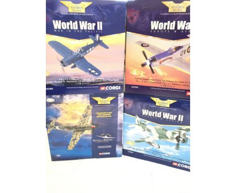 4 X Boxed Corgi Die-Cast Aircraft including a F4U-1D Corsair. A Messerschmitt BF-109E and a P-47D Thunderbolt. All 1:72 Scale