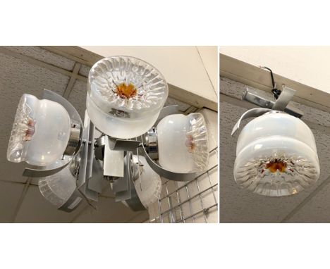 1970 MAZZEGA MURANO GLASS HANGING LAMP IN CHROME (5 LIGHTS) WITH SINGLE MATCHING HANGING LIGHT