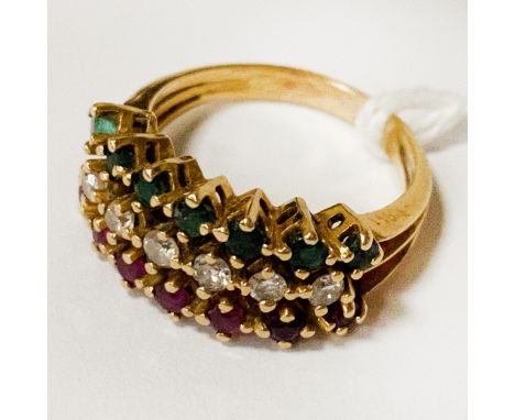 9CT GOLD &amp; DIAMOND, EMERALD &amp; RUBY RING - SIZE J - 4.1 GRAMS APPROX