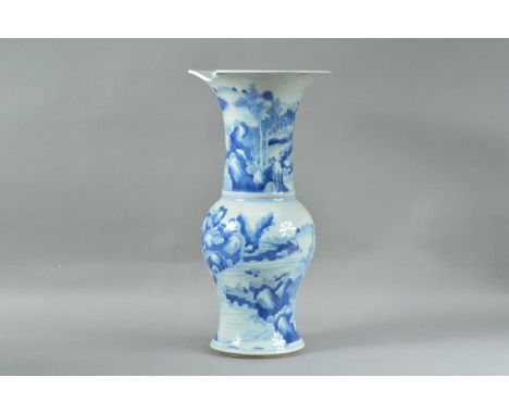 blue and white landscape design, with a baluster body, and flared rim, with a large crack and loss, double blue ring to the u