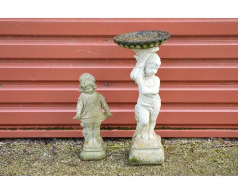 the column formed of a child, the top removable, 89cm high, together with a concrete girl figurine, 64cm high, both weathered