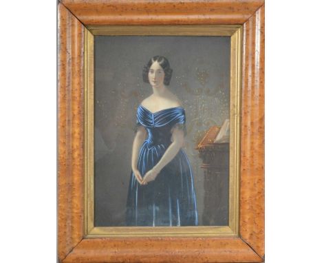 a portrait of a lady in a blue dress, painted print, unsigned in a maple frame and gilt slip, frame size 53cm x 52cm