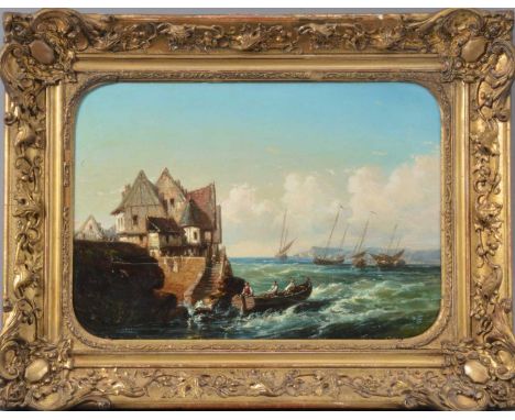 a seascape off Brittany, ships by the shore, oil on canvas, relined c.1970's, in an ornate gilt frame, frame size 47cm x 61cm