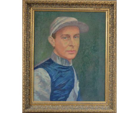 by repute a portrait of Fred Archer, oil on canvas, some damage towards the bottom left, framed, frame size 62cm x 52cm
