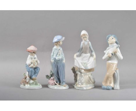 comprising a girl with rabbits 23cm high, two of boys, one with a puppy, and another porcelain figurine of a boy with a lute 