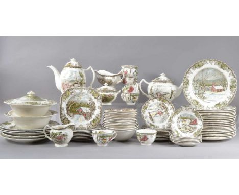 including 19 dinner plates, seven cups, eight saucers, two tureens and covers, with printed and impressed marks to the unders