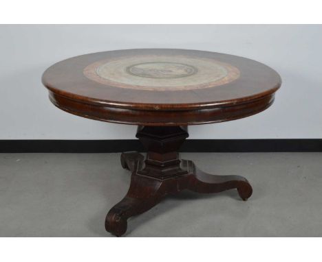 possibly William IV, the circular top with hand painted plaster inlay depicting marble and stone, with a central hand painted