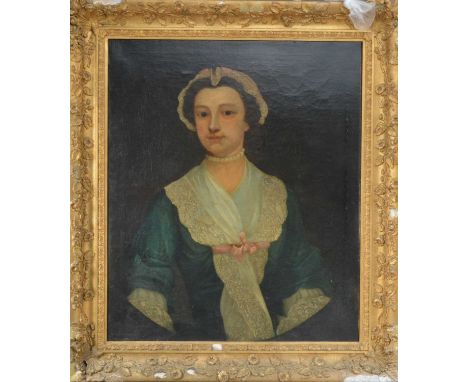 Portrait of a Lady, a label to verso attributing the sitter as Areella Cowper, oil on canvas, framed (damaged), frame size 91