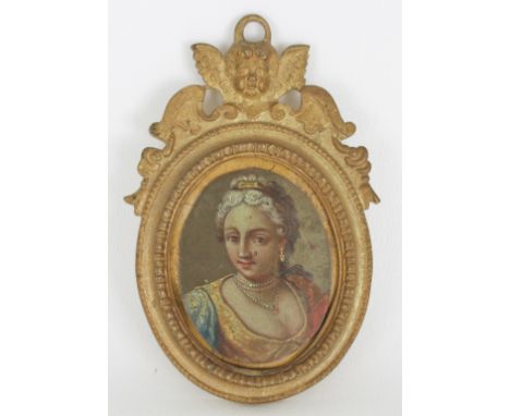 Approx. 18th Century Italian Miniature Portrait of a Venetian Noble Lady, Oil on Copper in Elaborate Metal Frame. Overall Fra