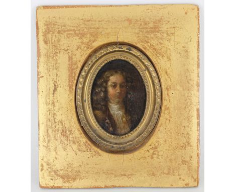 Approx. 17th Century European School Miniature Portrait of a Noble Man, Oil on Copper. Sight Size: 2.5 x 1.75 in. Overall Fra