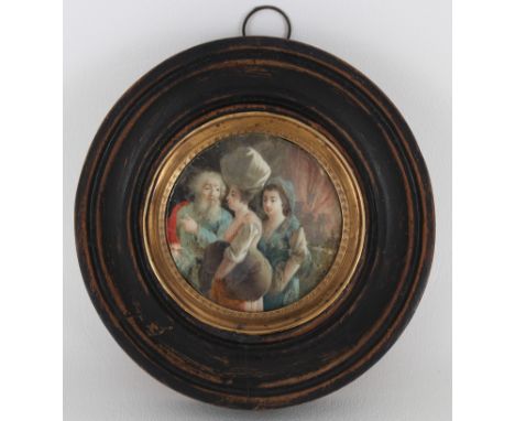 Approx. 17th Century Italian Miniature Portrait Depicting Lot and his Daughters, Tempura on Parchment. Sight Diameter: 2 1/8 