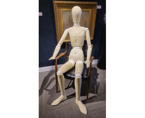 Life-Size Italian Artist Mannequin. Fully articulated. Made of hard plastic with metal screws. Overall Size: 78 x 18 x 8 in.