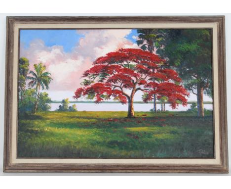 James Gibson (1938-2017) Exceptional Florida highwayman painting. Depicting a rare subject for Gibson, a Poinciana tree. This