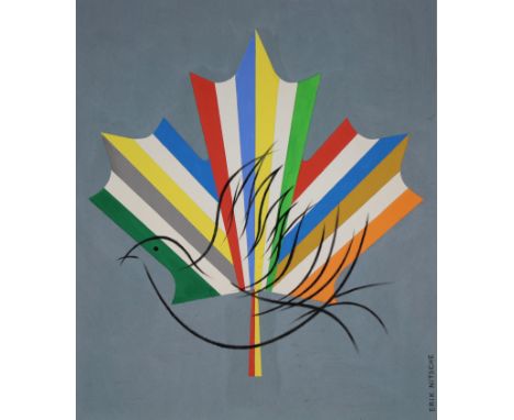 Erik Nitsche (Swiss, 1908 - 1998) "World Flags Forming Maple Leaf" Signed lower right. Original Mixed Media painting on Illus