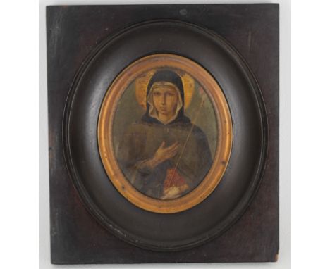 Approx. 17th Century Italian Miniature Portrait of a Saint, Oil on Copper. Sight Size: 2.25 x 2 1/8 in. Overall Framed Size: 