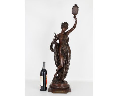 Albert-Ernest De Carrier-Belleuse (French, 1824 - 1887) Bronze woman holding a mirror. Plaque reads ("La Verite" Par Carrier 