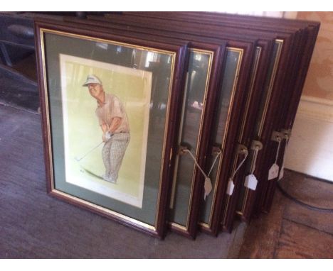 A collection of seven prints depicting rugby and cricket players, signed Ireland, mounted and framed (7)