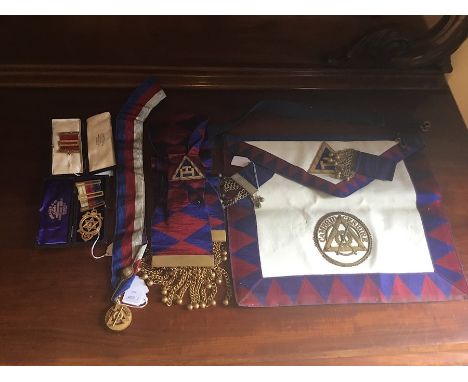 Masonic interest: Cambridgeshire Provincial Grand Lodge apron, sash, collar with Cambridgeshire jewel, tricolour breast jewel