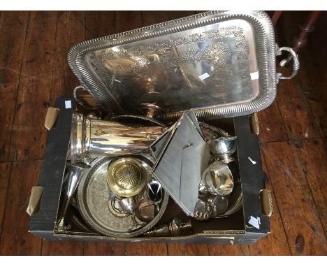 A collection of assorted silver plated items, including trays, baskets, a pair of photo frames, goblet, pepperette, vase, lad