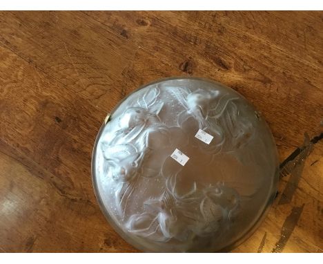 A Lalique style hanging lamp shade featuring birds in flight