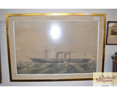 A 19th Century coloured print of an early steam ship at sea 