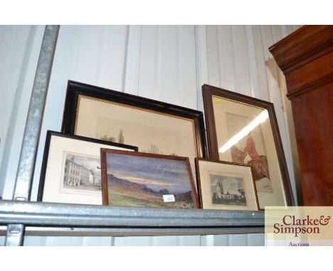 A collection of various pictures including a hunting print, Alderton church, watercolour of a heathland scene etc.