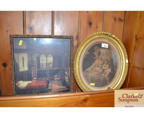 A 19th Century oval gilt framed Bartolozzi style print depicting The Rt. Hon. Marchioness of Townsend; and a Dutch Old Master