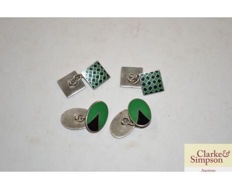 Two pairs of Art Deco design enamel decorated cufflinks