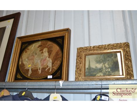 A 19th Century wool work embroidery depicting Jesus, Mary and Joseph in decorative gilt frame; and a Victorian coloured print