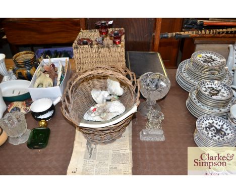 Two wicker baskets; a ruby glass candelabra AF; coral ornament etc.